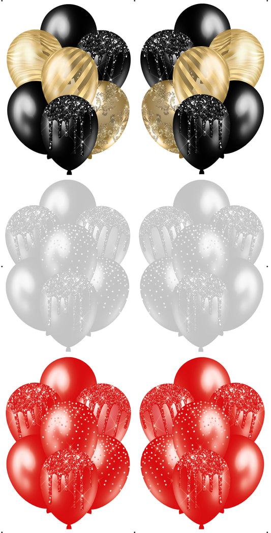 3 Sets of Balloon Bunches - Black and Gold, Silver, Red