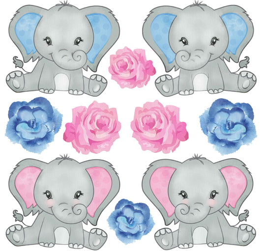 Blue and Pink Elephants and Flowers Half Sheet Misc. (Must Purchase 2 Half sheets - You Can Mix & Match)