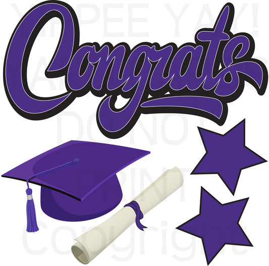 Graduation Half Sheet - Solid Purple Congrats Cap Scroll & Stars