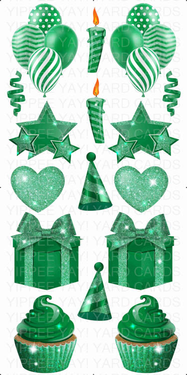 Solid Color Flair Sheets - Balloons, Hearts, Stars, Candles, Presents & Cupcakes - Green Set 1