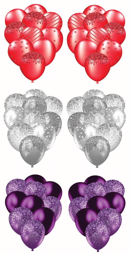 3 Sets of Balloon Bunches 4 Red, Silver, Purple