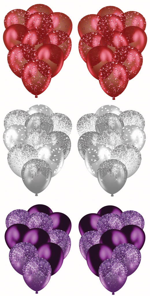 3 Sets of Balloon Bunches 5 Dark Red, Silver, Purple