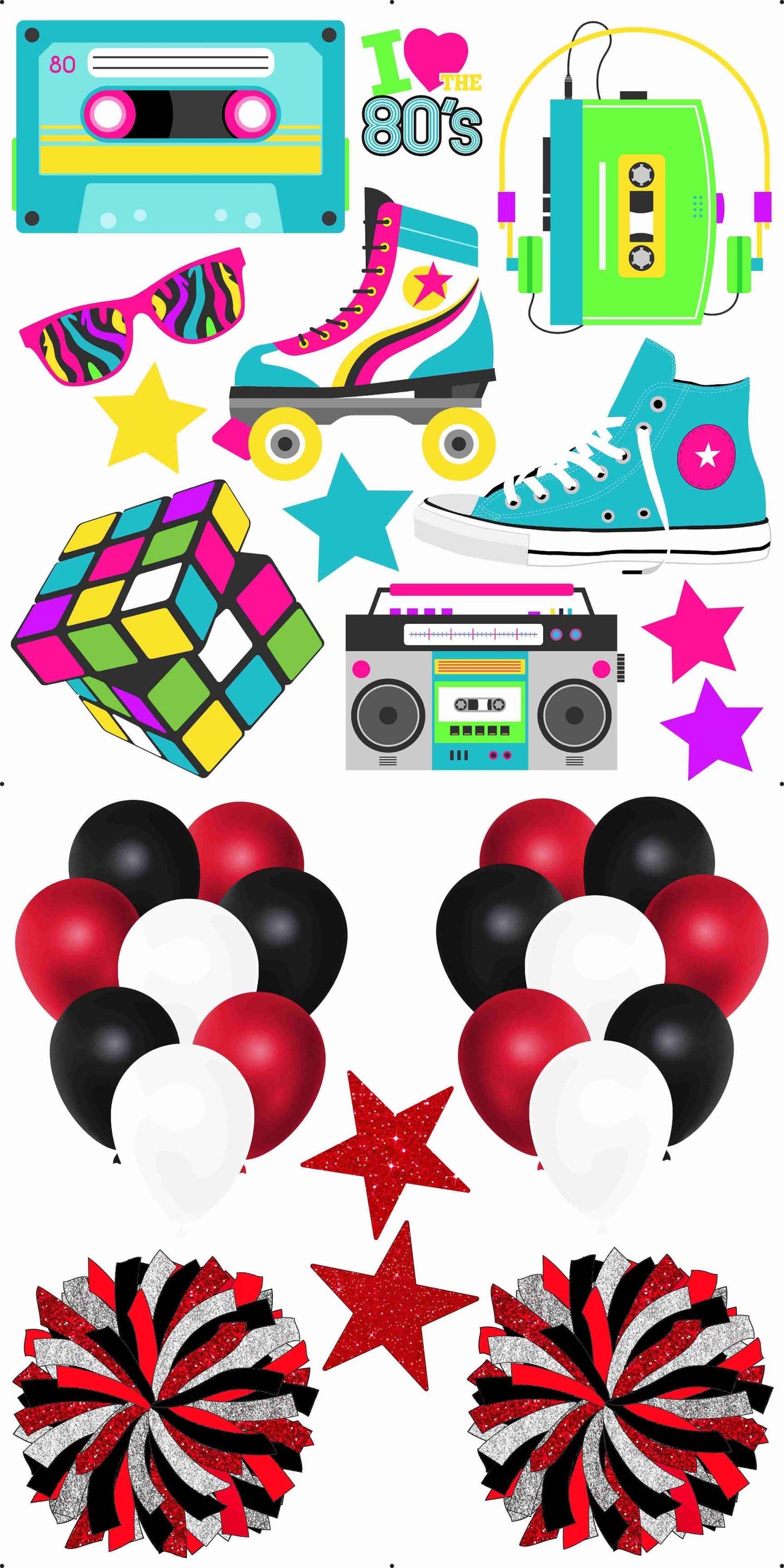 80s and Black Red White Balloons Combo Sheet