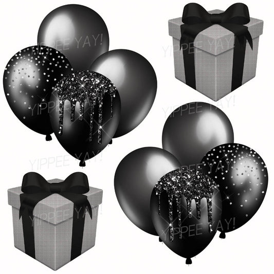 Black and Silver 1 Balloons, Presents Half Sheet  (Must Purchase 2 Half sheets - You Can Mix & Match)