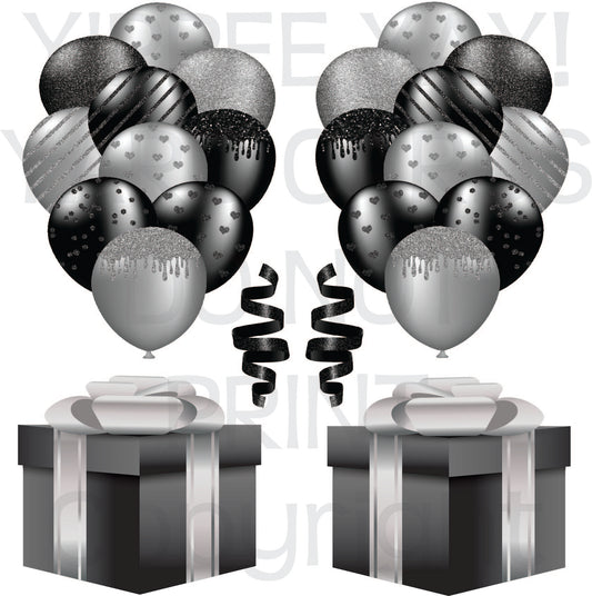 Black and Silver 2 Balloons, Presents Half Sheet  (Must Purchase 2 Half sheets - You Can Mix & Match)