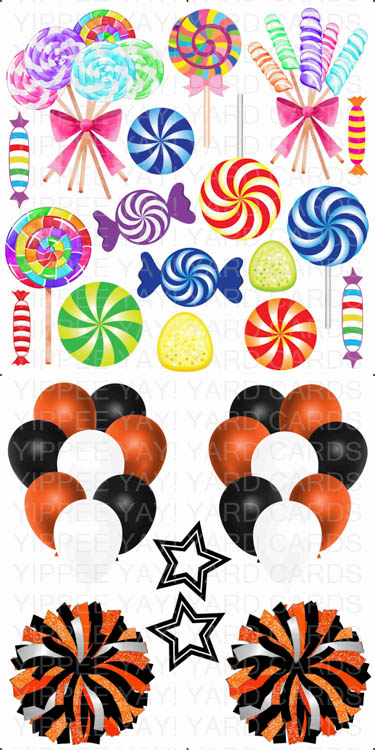 Candy Land and black orange white balloons and poms
