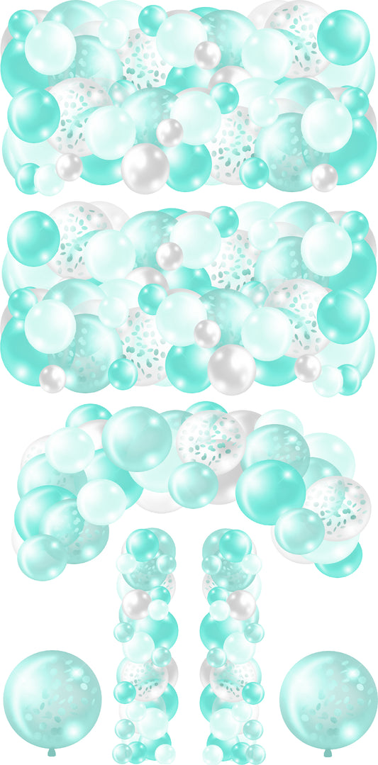 Aqua and White Balloons Bunches Skirts, Ez Fillers, Arch, and Column