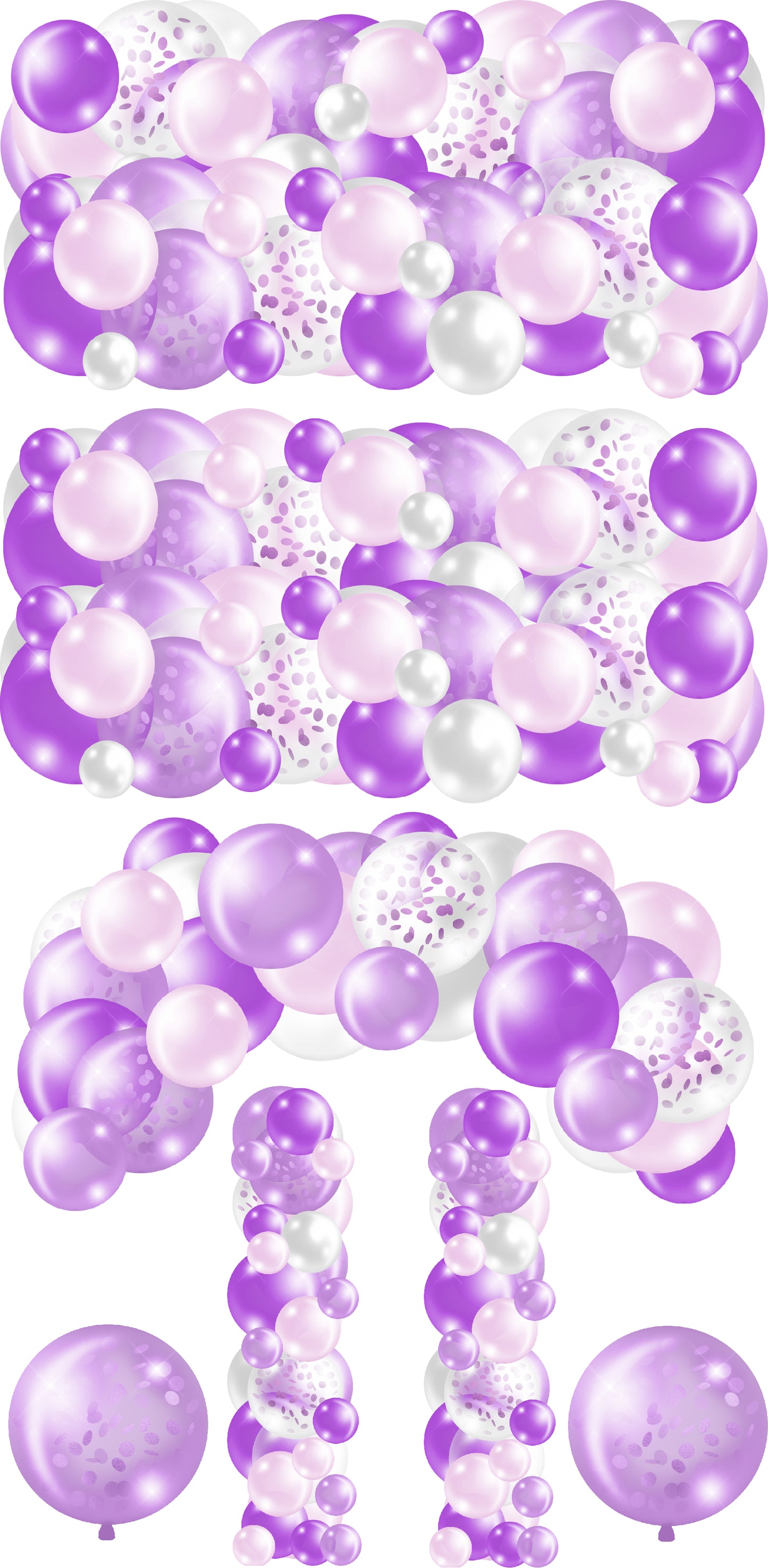 Purple and White Balloons Bunches Skirts, Ez Fillers, Arch, and Column