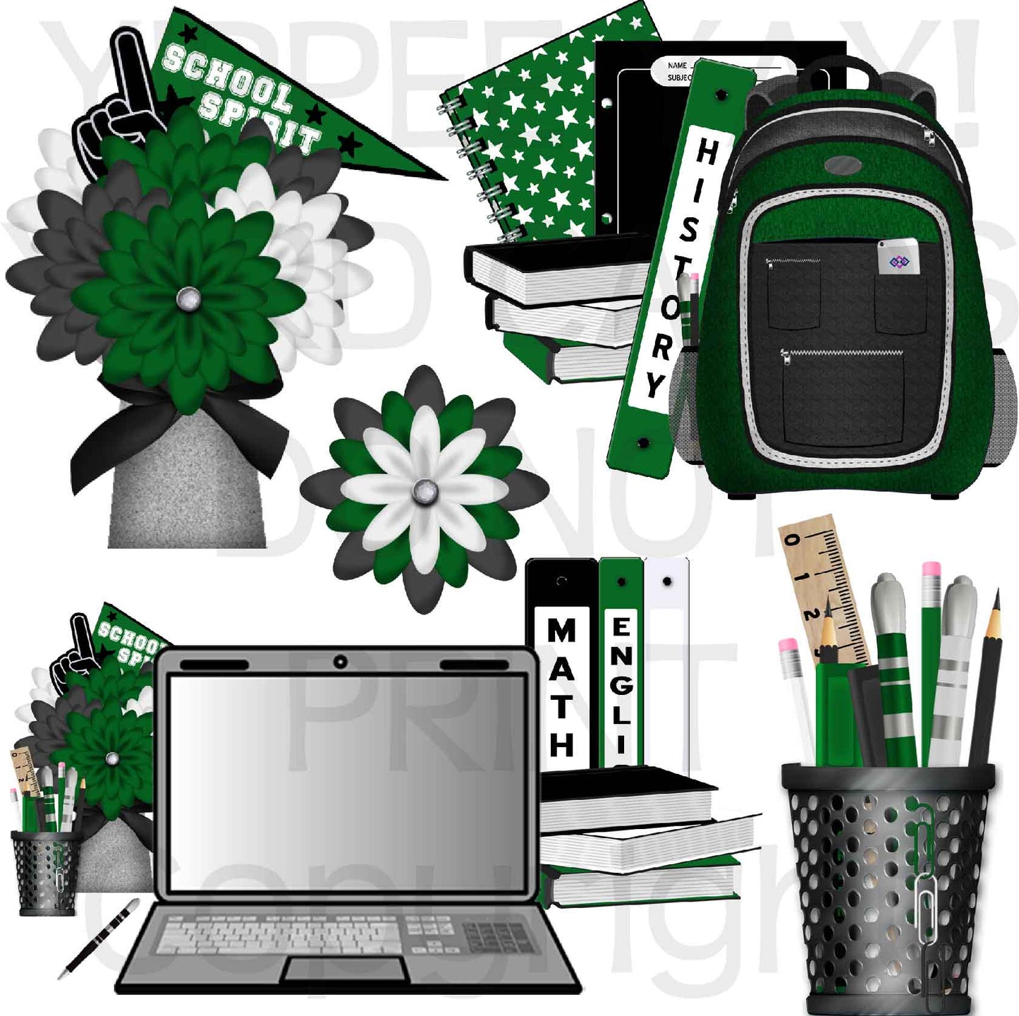 Green Black and White - Back to School - School Supplies Set - Half Sheet Misc. (Must Purchase 2 Half sheets - You Can Mix & Match)