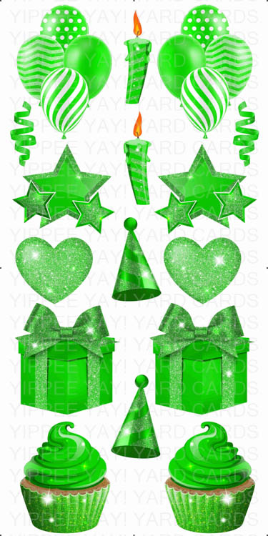 Solid Color Flair Sheets - Balloons, Hearts, Stars, Candles, Presents & Cupcakes - Lime Green
