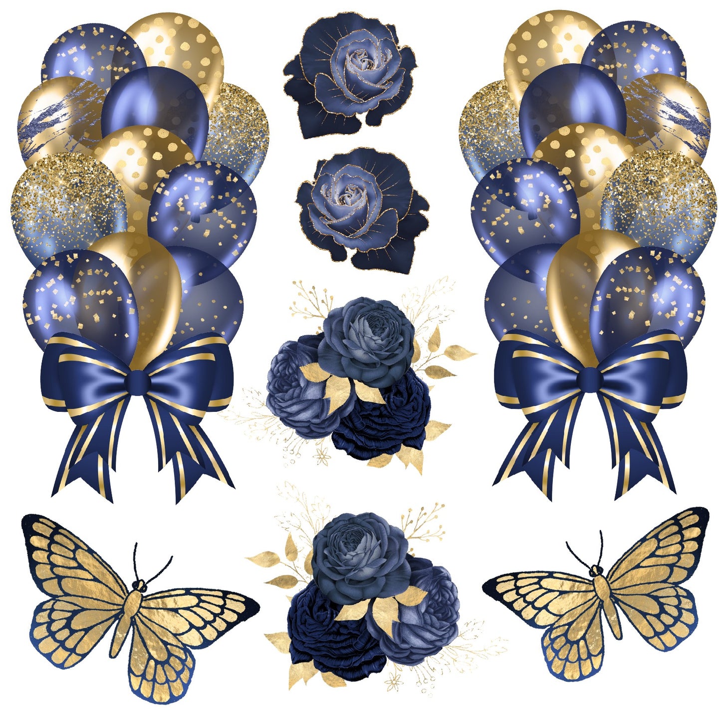 Navy and Gold Balloons Butterflies Flowers Set 2 Half Sheet (Must Purchase 2 Half sheets - You Can Mix & Match)