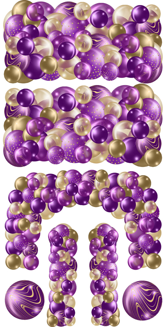 Purple and Gold Balloons Bunches Skirts, Ez Fillers, Arch, and Column