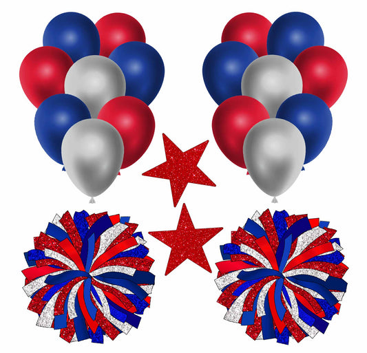 Red Blue Silver Balloons and Red Blue Silver Pom Poms Half Sheet  (Must Purchase 2 Half sheets - You Can Mix & Match)