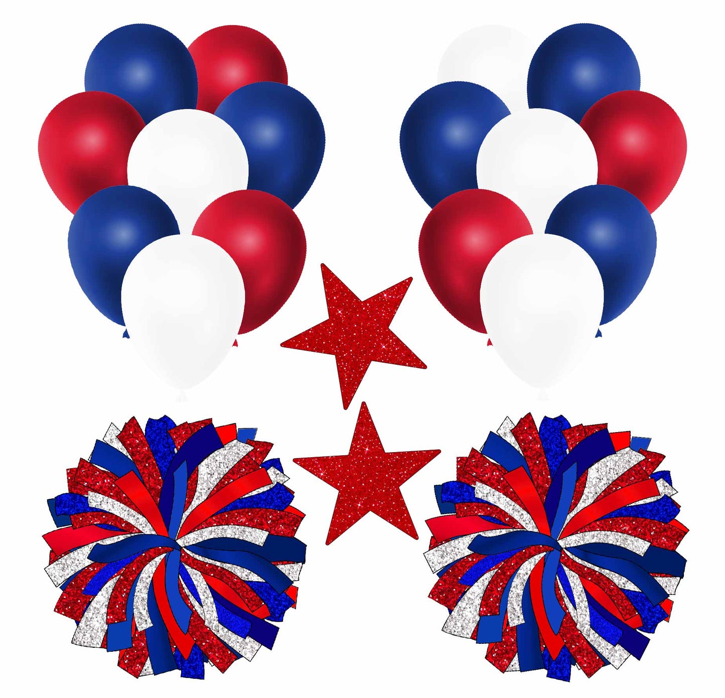 Red Blue White Balloons and Red Blue Silver Pom Poms Half Sheet  (Must Purchase 2 Half sheets - You Can Mix & Match)