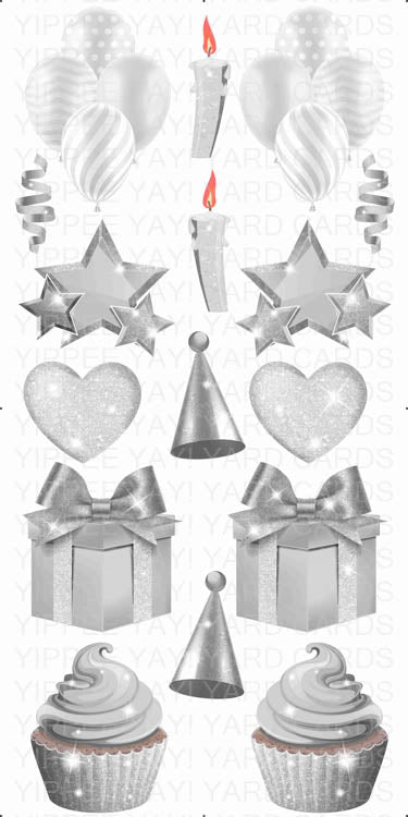 Solid Color Flair Sheets - Balloons, Hearts, Stars, Candles, Presents & Cupcakes - Silver
