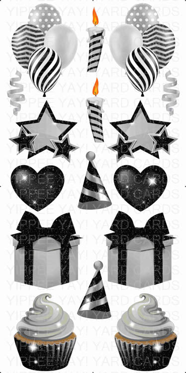 Solid Color Flair Sheets - Balloons, Hearts, Stars, Candles, Presents & Cupcakes - Black and Silver