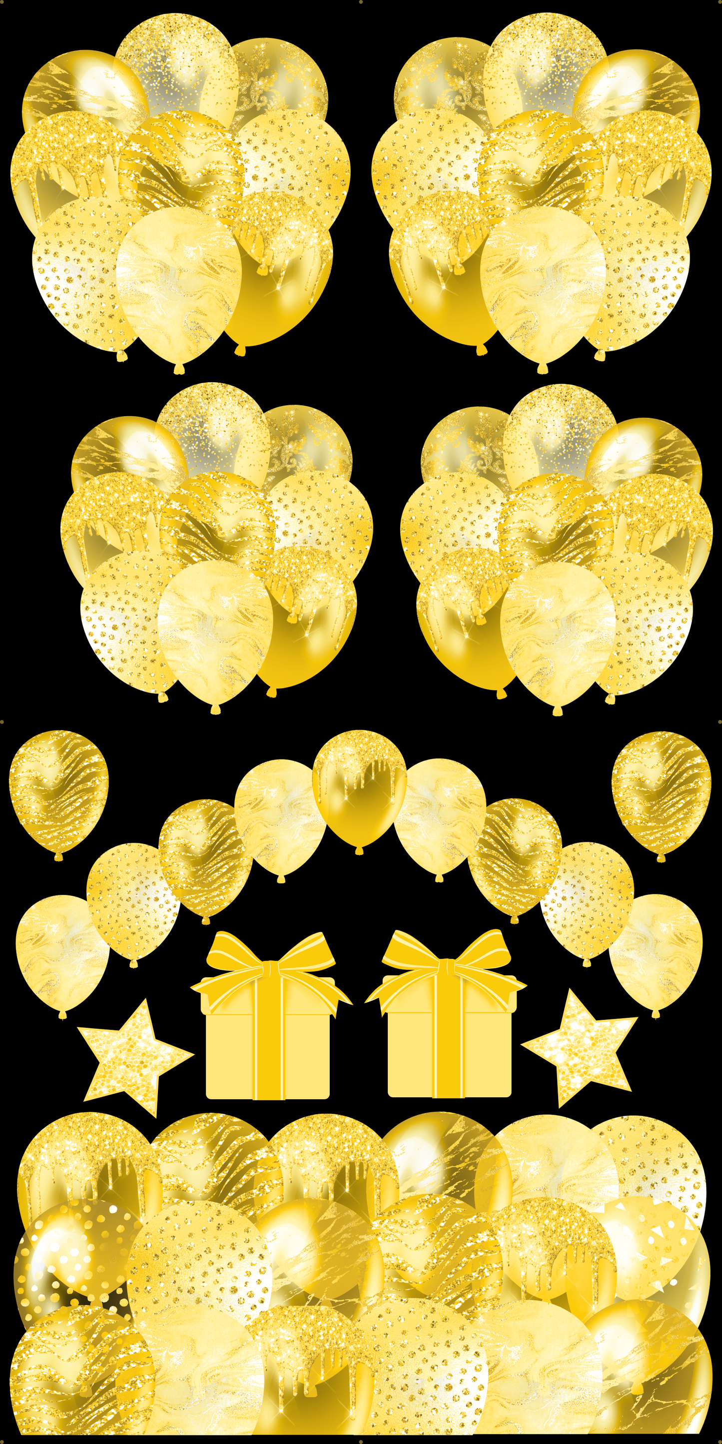 Solid Color Balloon Sheets - Yellow Set 1 - 4 Balloon Bunches, Balloon Arch, Balloon Skirt, 2 Presents, & 2 Stars