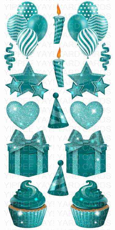 Solid Color Flair Sheets - Balloons, Hearts, Stars, Candles, Presents & Cupcakes - Teal