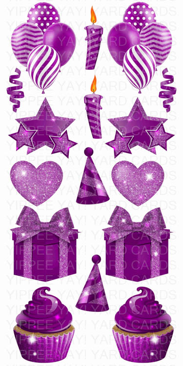 Solid Color Flair Sheets - Balloons, Hearts, Stars, Candles, Presents & Cupcakes - Plum
