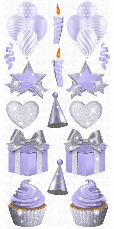 Solid Color Flair Sheets - Balloons, Hearts, Stars, Candles, Presents & Cupcakes - Light Purple