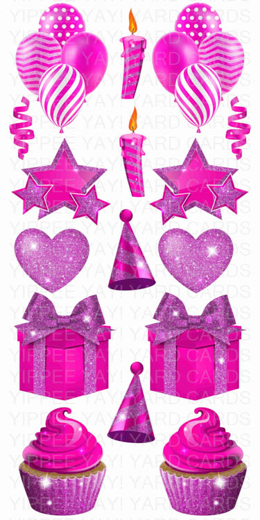 Solid Color Flair Sheets - Balloons, Hearts, Stars, Candles, Presents & Cupcakes - Fuchsia