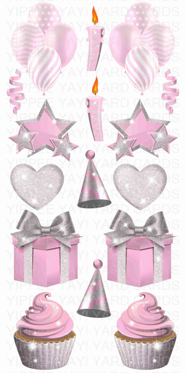 Solid Color Flair Sheets - Balloons, Hearts, Stars, Candles, Presents & Cupcakes - Pale Pink